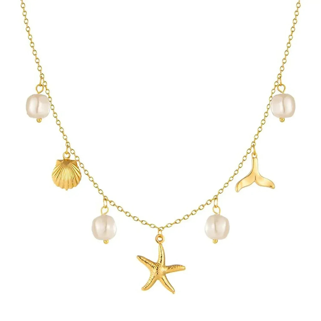 Linda's Look Ocean Pearl and Shell Charm Necklace in Stainless Steel