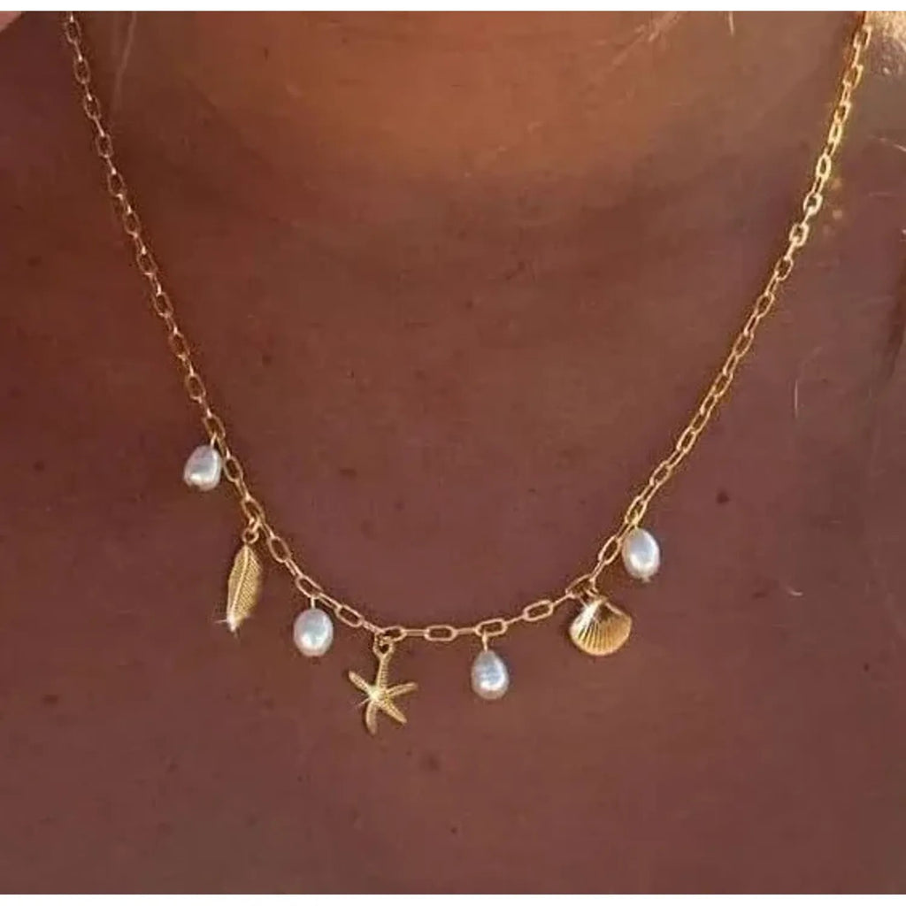 Linda's Look Ocean Pearl and Shell Charm Necklace in Stainless Steel