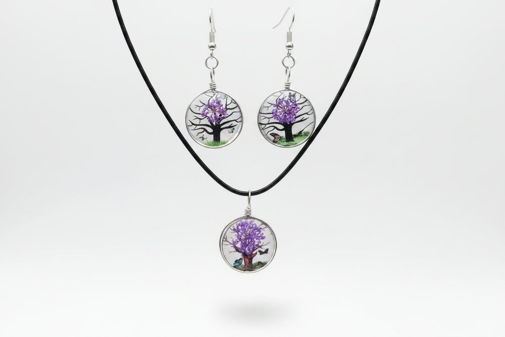 Linda's Look Pressed Flower Glass Pendant Set - Necklace and Earrings in Six Colours