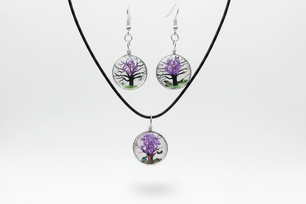 Linda's Look Pressed Flower Glass Pendant Set - Necklace and Earrings in Six Colours