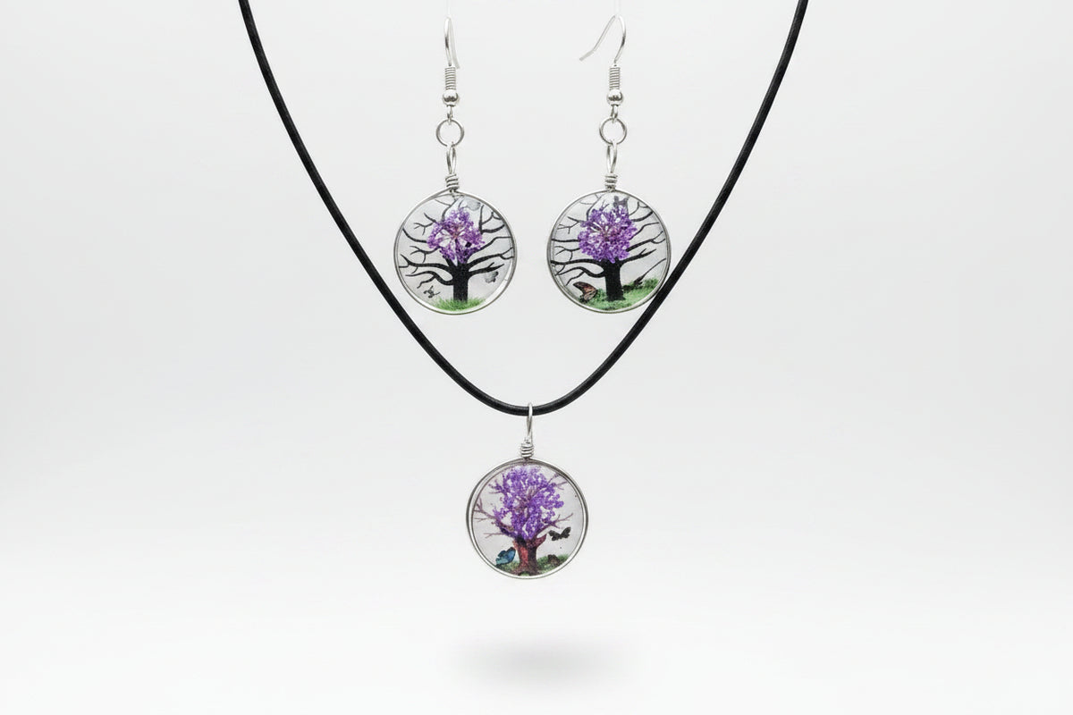 Linda's Look Pressed Flower Glass Pendant Set - Necklace and Earrings in Six Colours