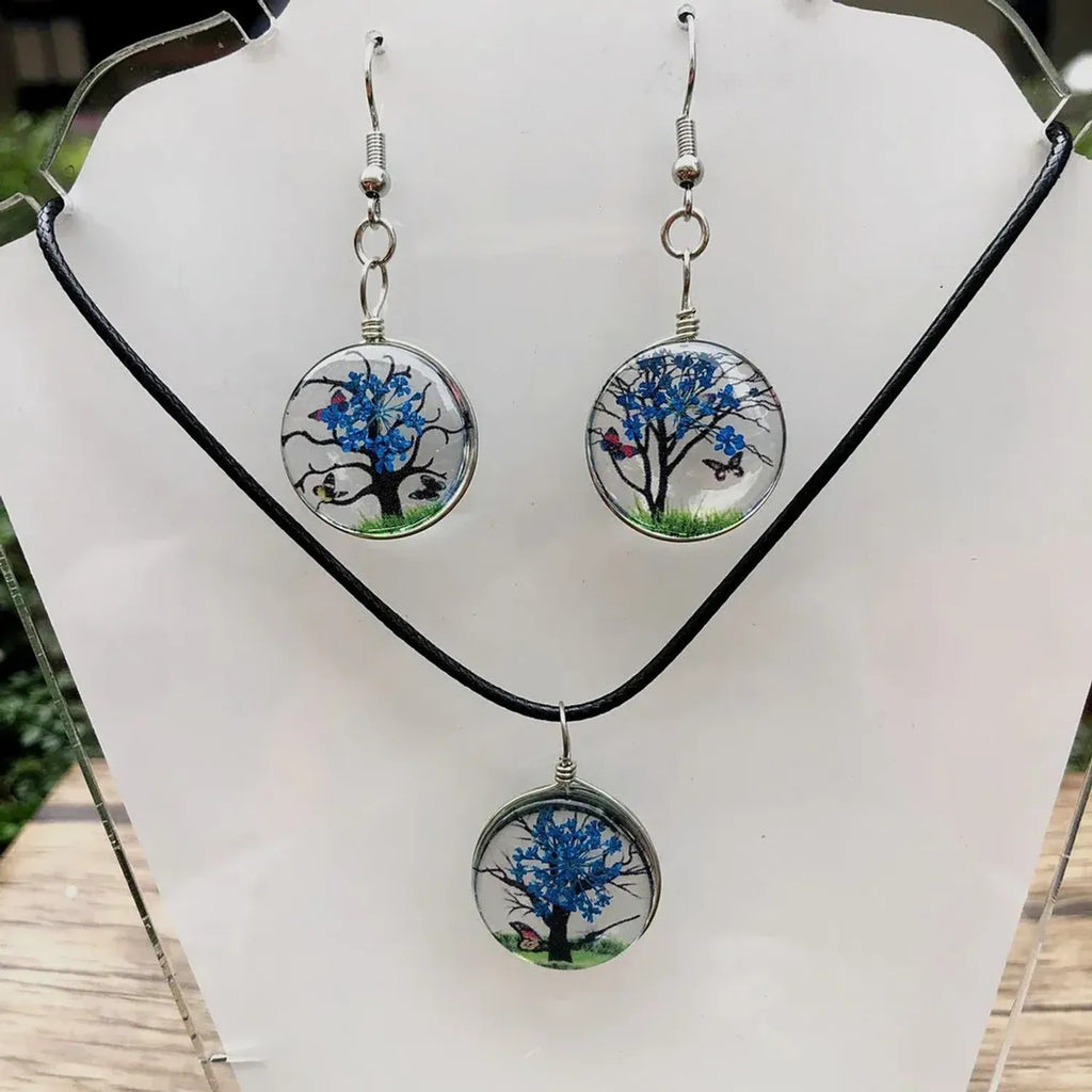 Linda's Look Pressed Flower Glass Pendant Set - Necklace and Earrings in Six Colours
