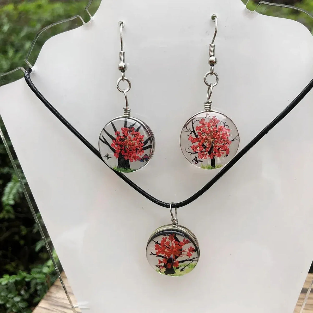 Linda's Look Pressed Flower Glass Pendant Set - Necklace and Earrings in Six Colours