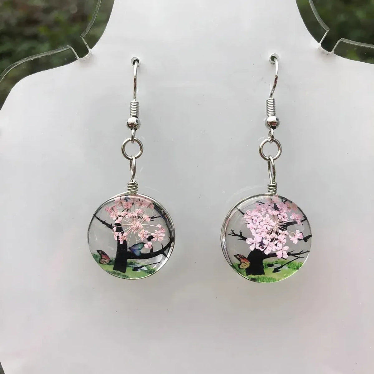 Linda's Look Pressed Flower Glass Pendant Set - Necklace and Earrings in Six Colours