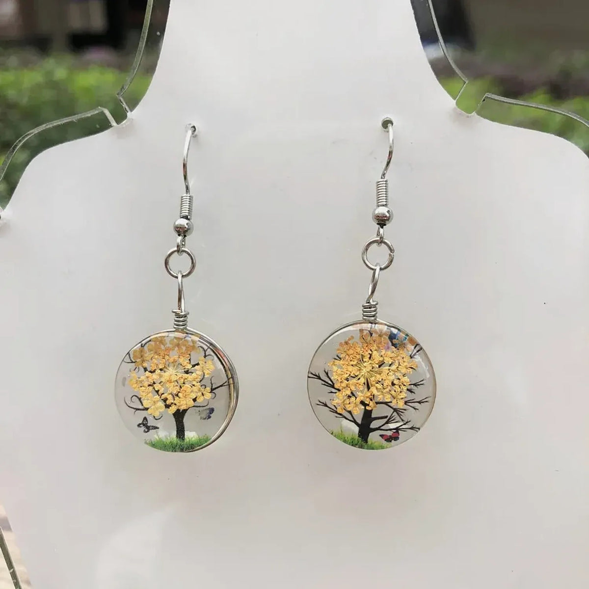 Linda's Look Pressed Flower Glass Pendant Set - Necklace and Earrings in Six Colours