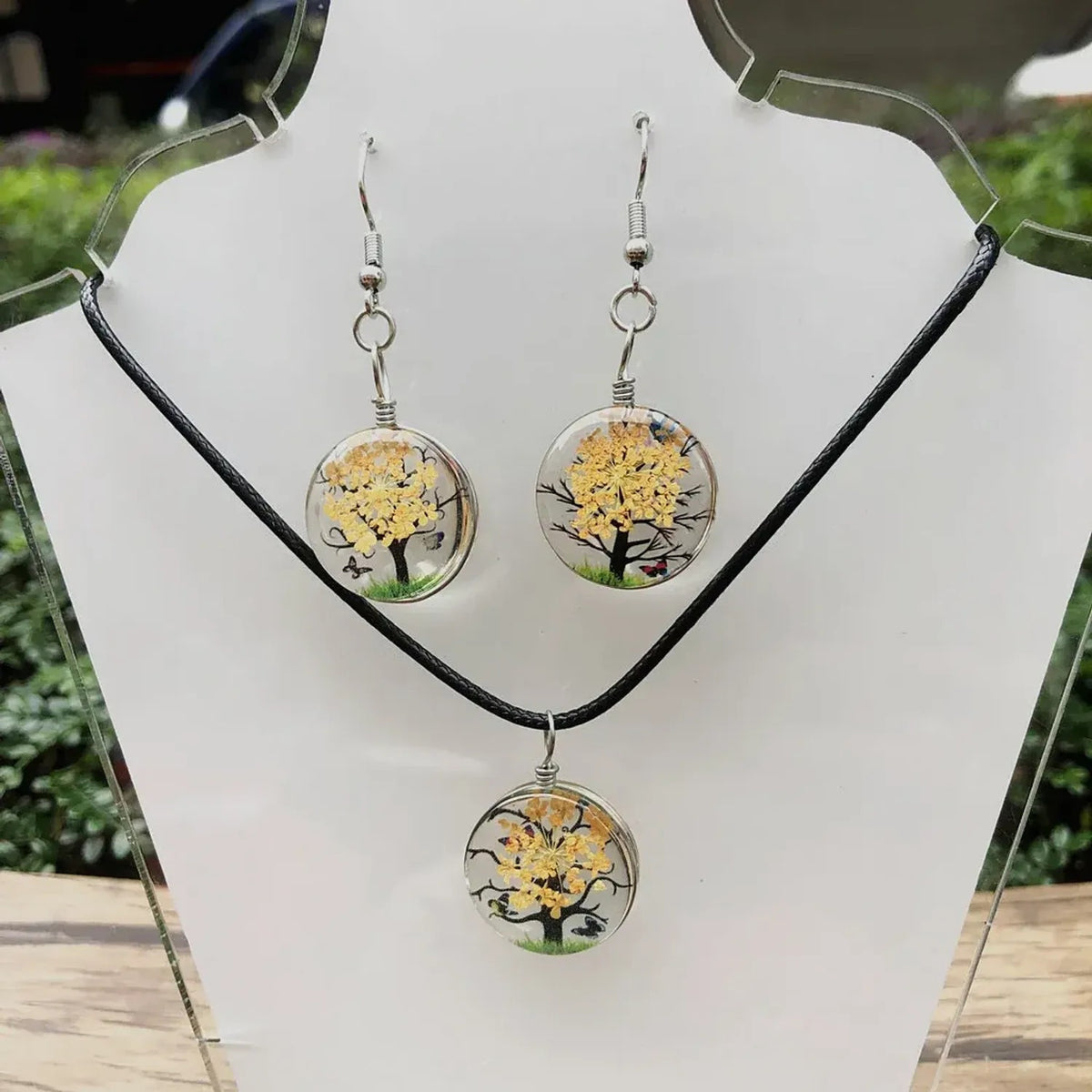 Linda's Look Pressed Flower Glass Pendant Set - Necklace and Earrings in Six Colours
