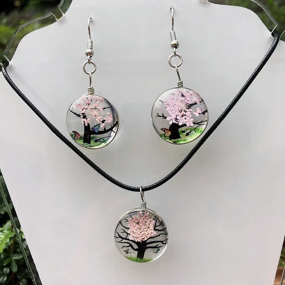 Linda's Look Pressed Flower Glass Pendant Set - Necklace and Earrings in Six Colours