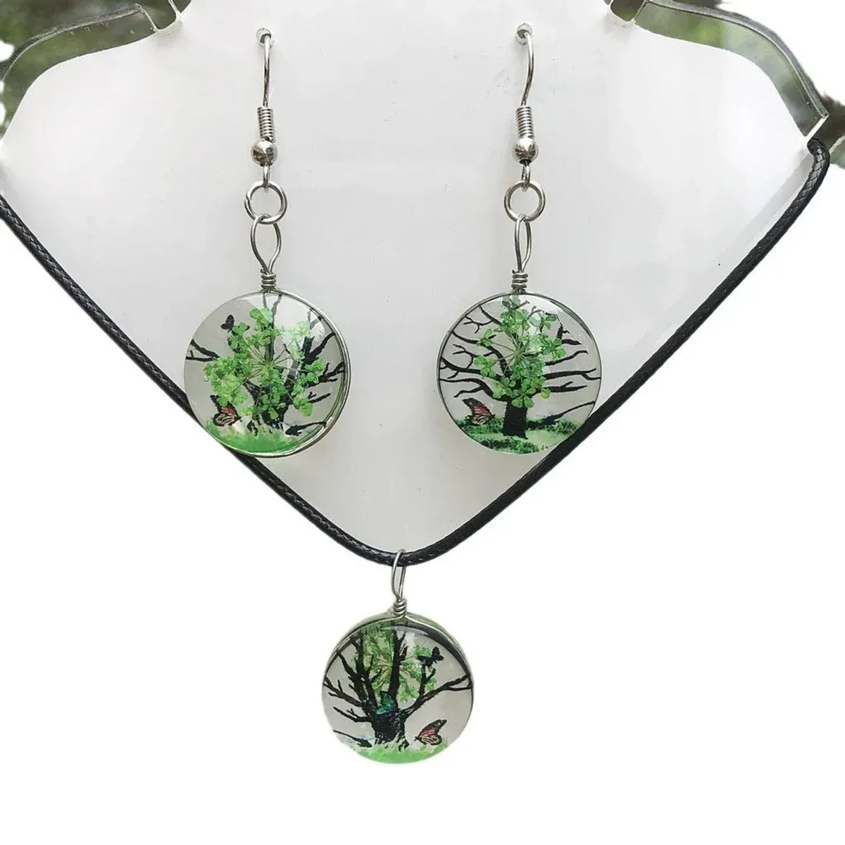 Linda's Look Pressed Flower Glass Pendant Set - Necklace and Earrings in Six Colours