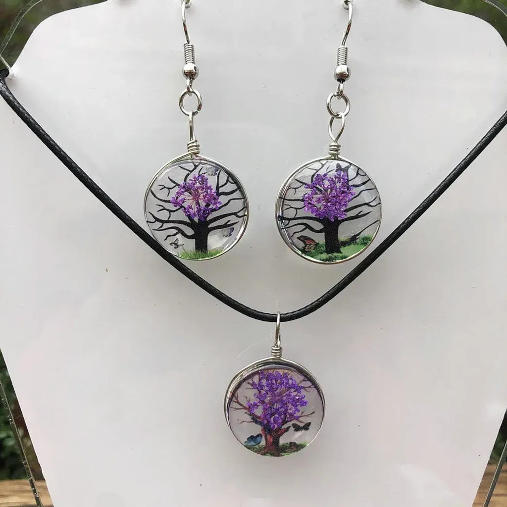 Linda's Look Pressed Flower Glass Pendant Set - Necklace and Earrings in Six Colours