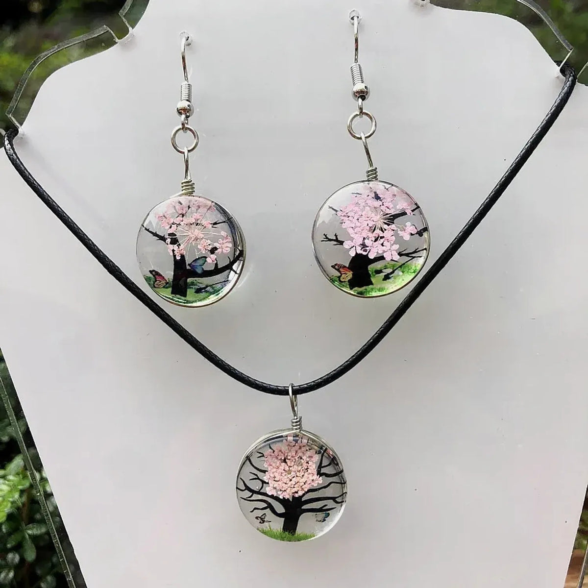Linda's Look Pressed Flower Glass Pendant Set - Necklace and Earrings in Six Colours