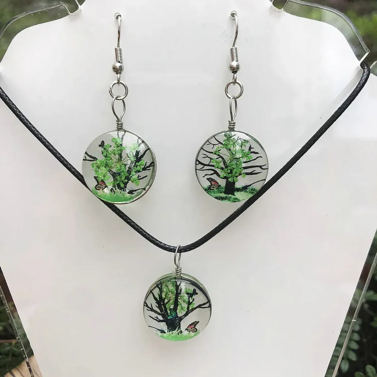Linda's Look Pressed Flower Glass Pendant Set - Necklace and Earrings in Six Colours