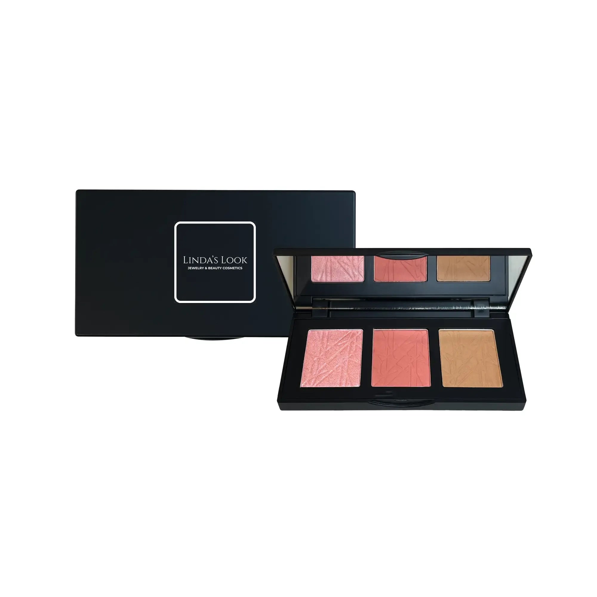 Linda's Look Pro Cheek Palette in Blushy, contour blush and highlighter trio palette closed, front view on white background