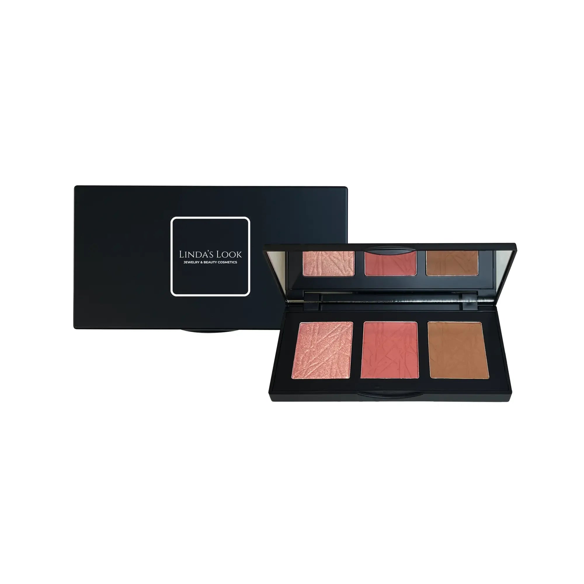 Linda's Look Pro Cheek Palette in Curious, contour blush and highlighter trio palette closed, front view on white background