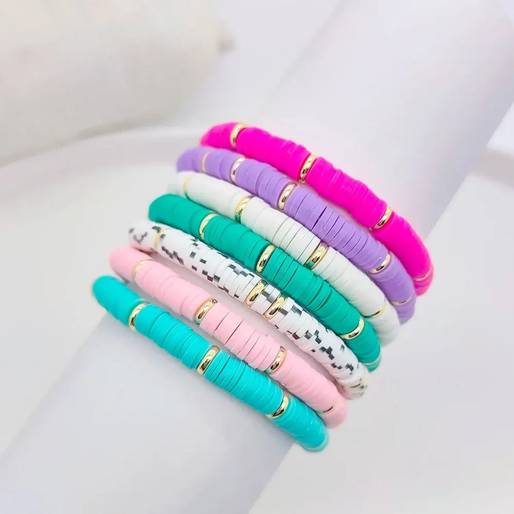 Linda's Look Rainbow Clay Heishi Stretch Bracelet - Handwoven Boho Stack with Gold Beads