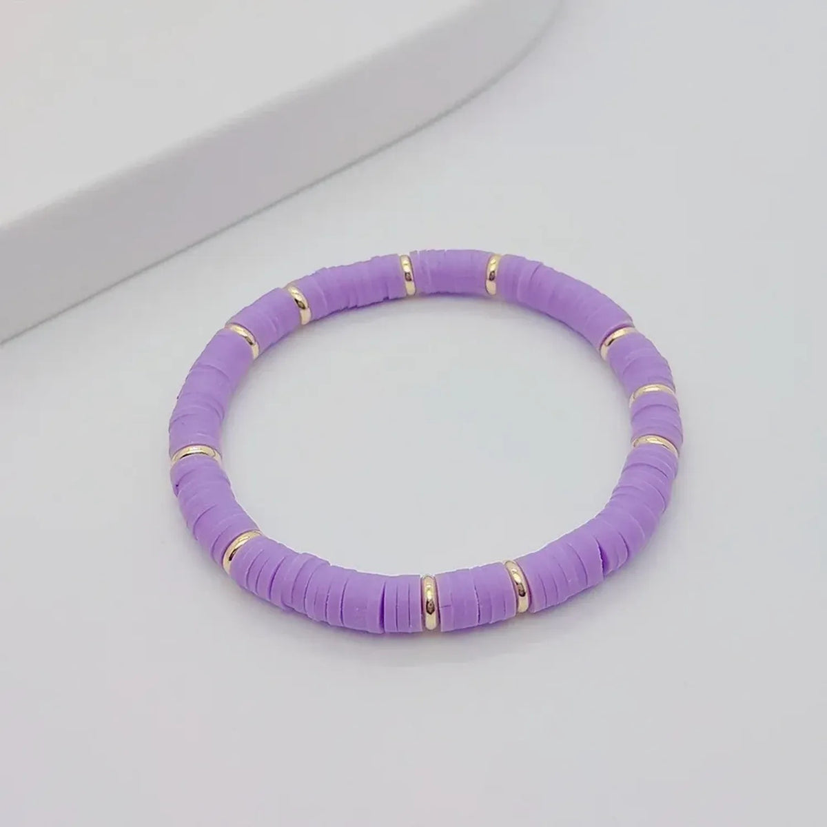 Linda's Look Rainbow Clay Heishi Stretch Bracelet - Handwoven Boho Stack with Gold Beads