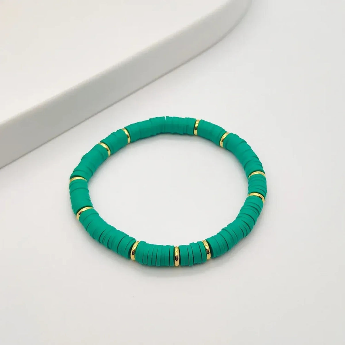 Linda's Look Rainbow Clay Heishi Stretch Bracelet - Handwoven Boho Stack with Gold Beads