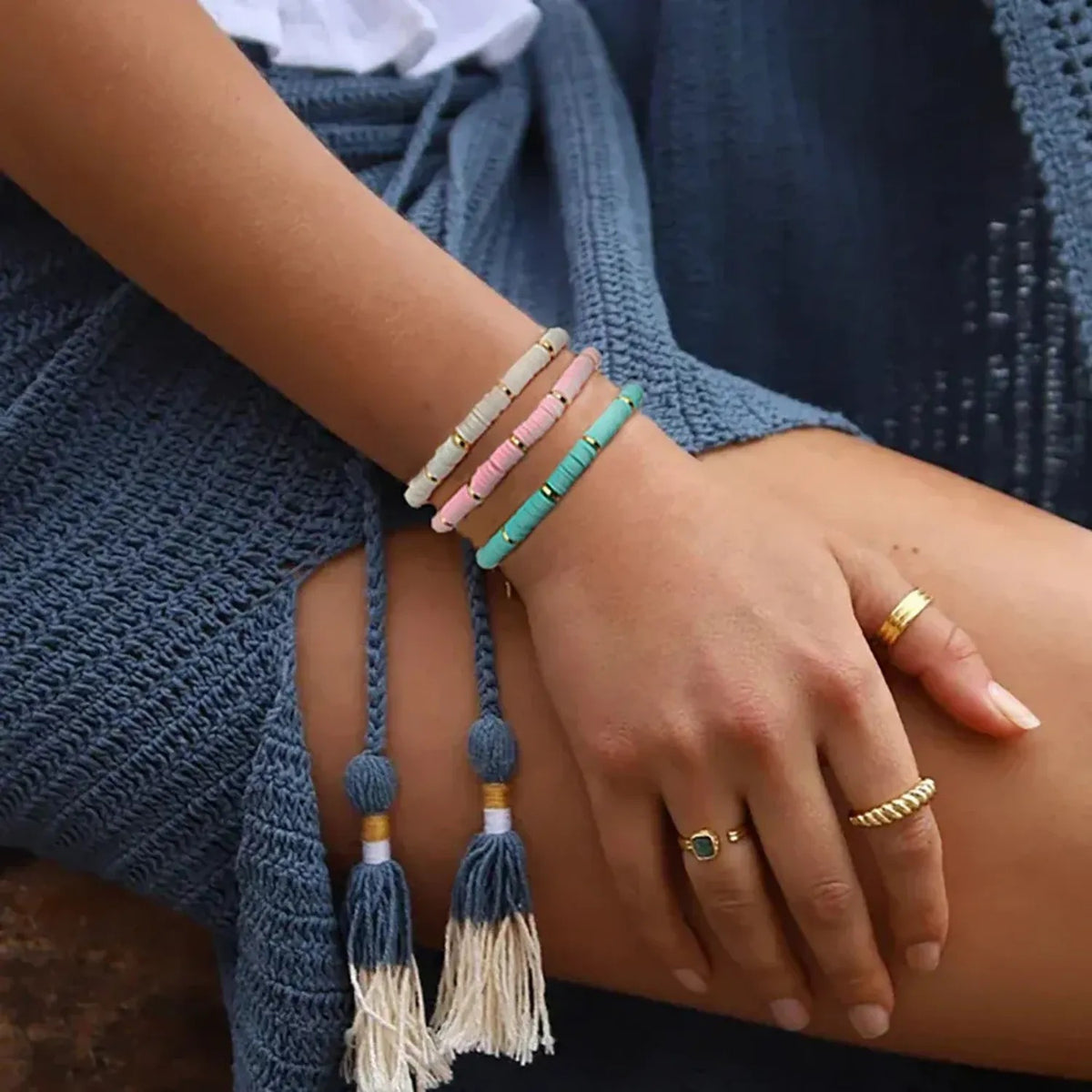 Linda's Look Rainbow Clay Heishi Stretch Bracelet - Handwoven Boho Stack with Gold Beads