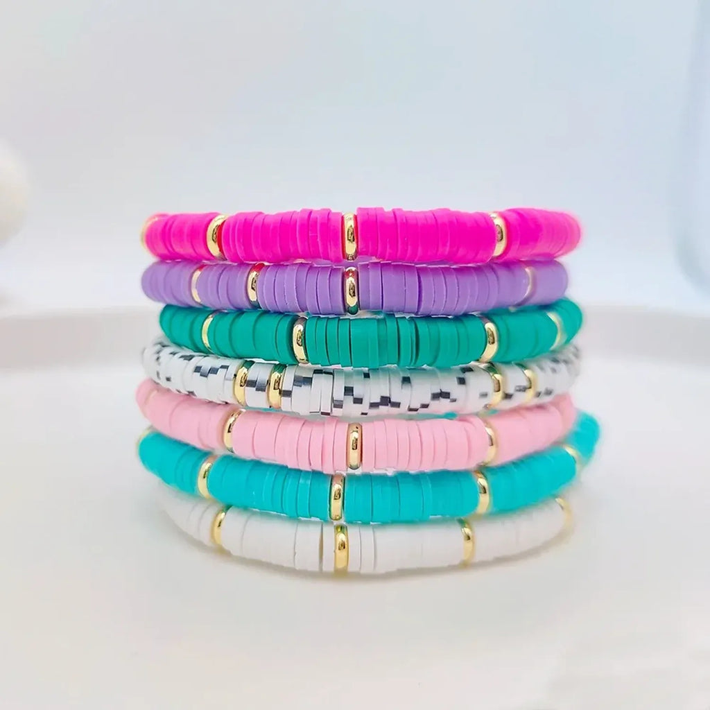Linda's Look Rainbow Clay Heishi Stretch Bracelet - Handwoven Boho Stack with Gold Beads