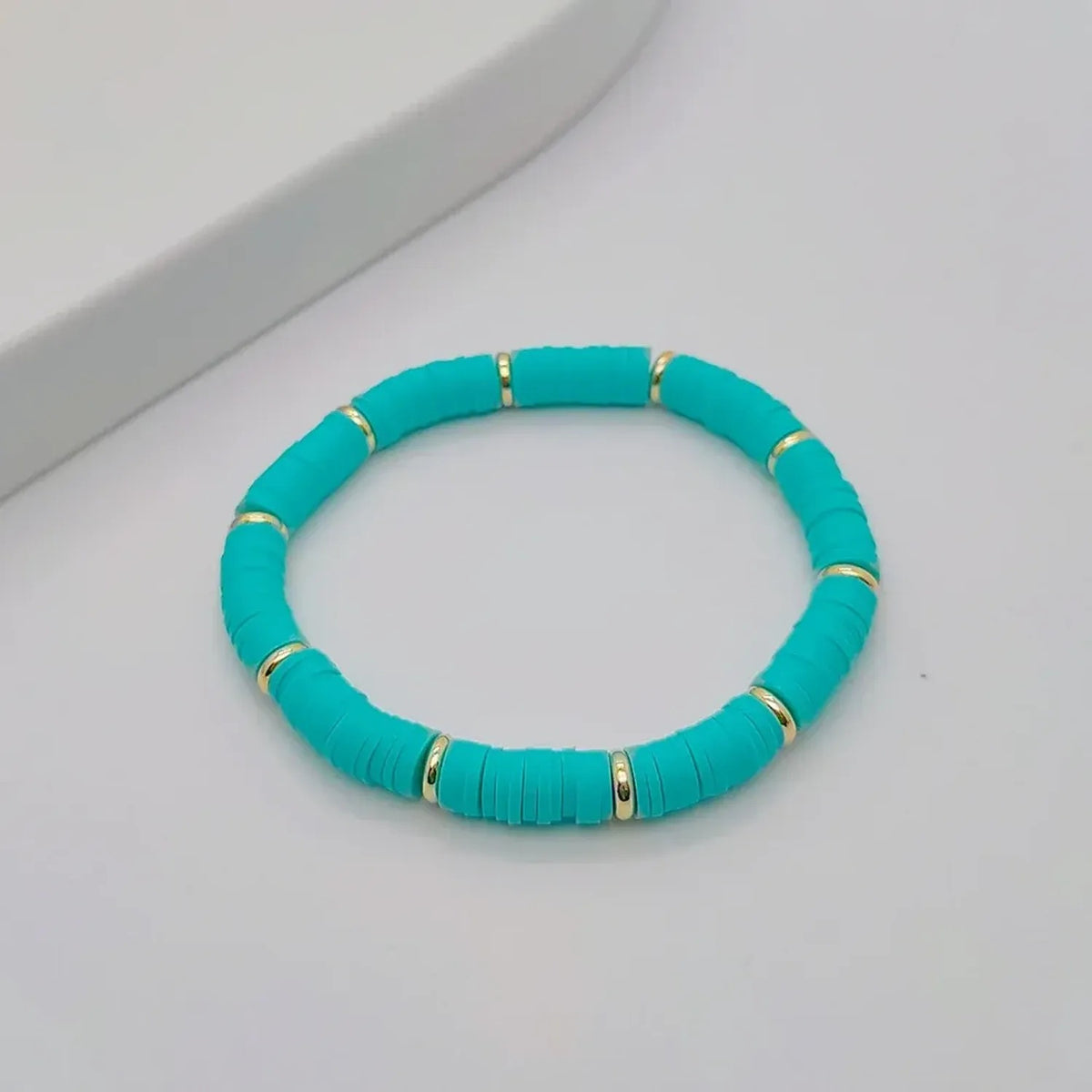 Linda's Look Rainbow Clay Heishi Stretch Bracelet - Handwoven Boho Stack with Gold Beads
