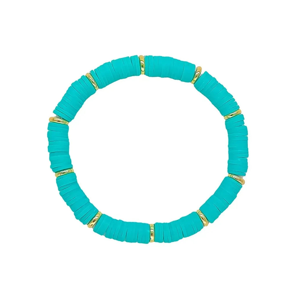 Linda's Look Rainbow Clay Heishi Stretch Bracelet - Handwoven Boho Stack with Gold Beads