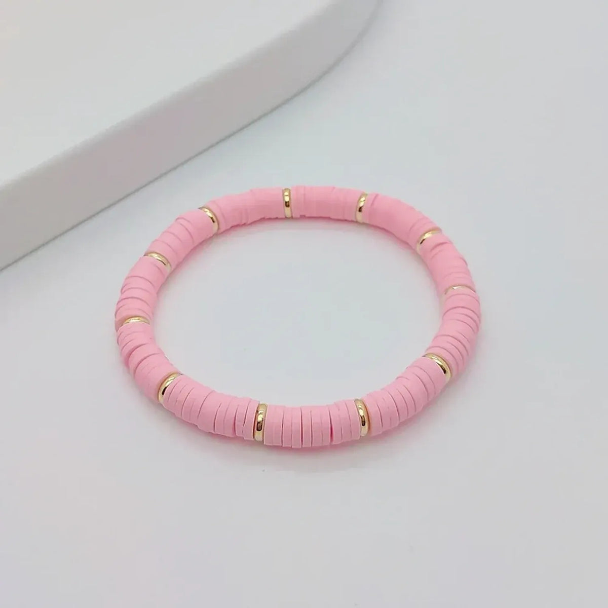 Linda's Look Rainbow Clay Heishi Stretch Bracelet - Handwoven Boho Stack with Gold Beads