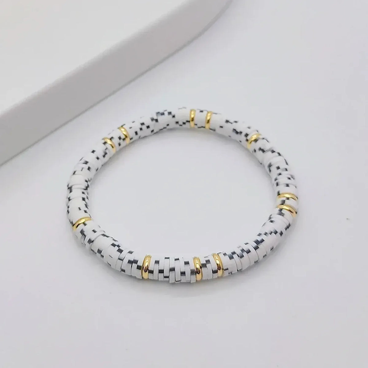 Linda's Look Rainbow Clay Heishi Stretch Bracelet - Handwoven Boho Stack with Gold Beads