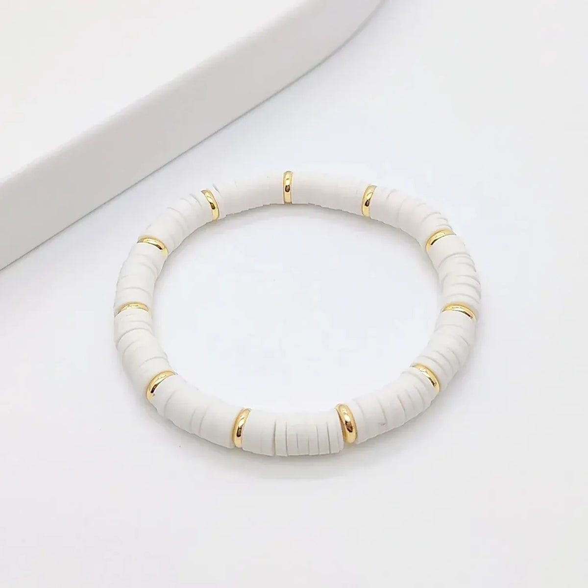 Linda's Look Rainbow Clay Heishi Stretch Bracelet - Handwoven Boho Stack with Gold Beads