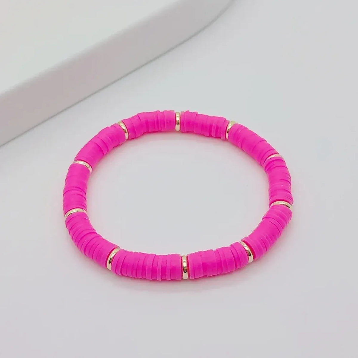 Linda's Look Rainbow Clay Heishi Stretch Bracelet - Handwoven Boho Stack with Gold Beads