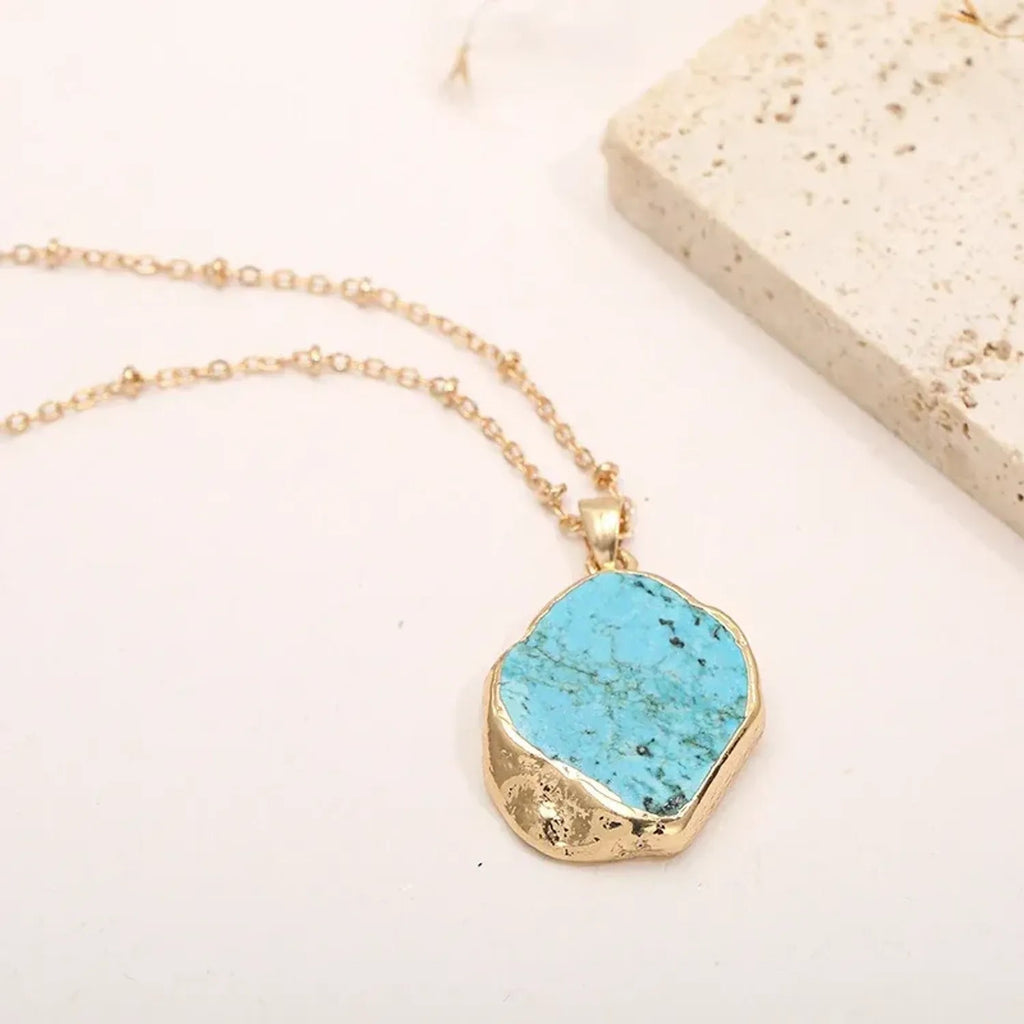 Linda's Look Raw Turquoise Slice Pendant Necklace - Gold Edged Stone on Vintage O-Chain