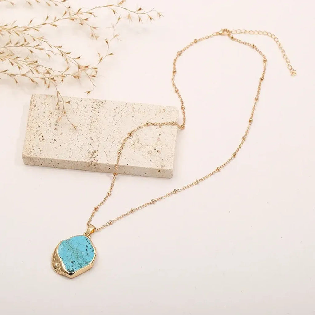 Linda's Look Raw Turquoise Slice Pendant Necklace - Gold Edged Stone on Vintage O-Chain