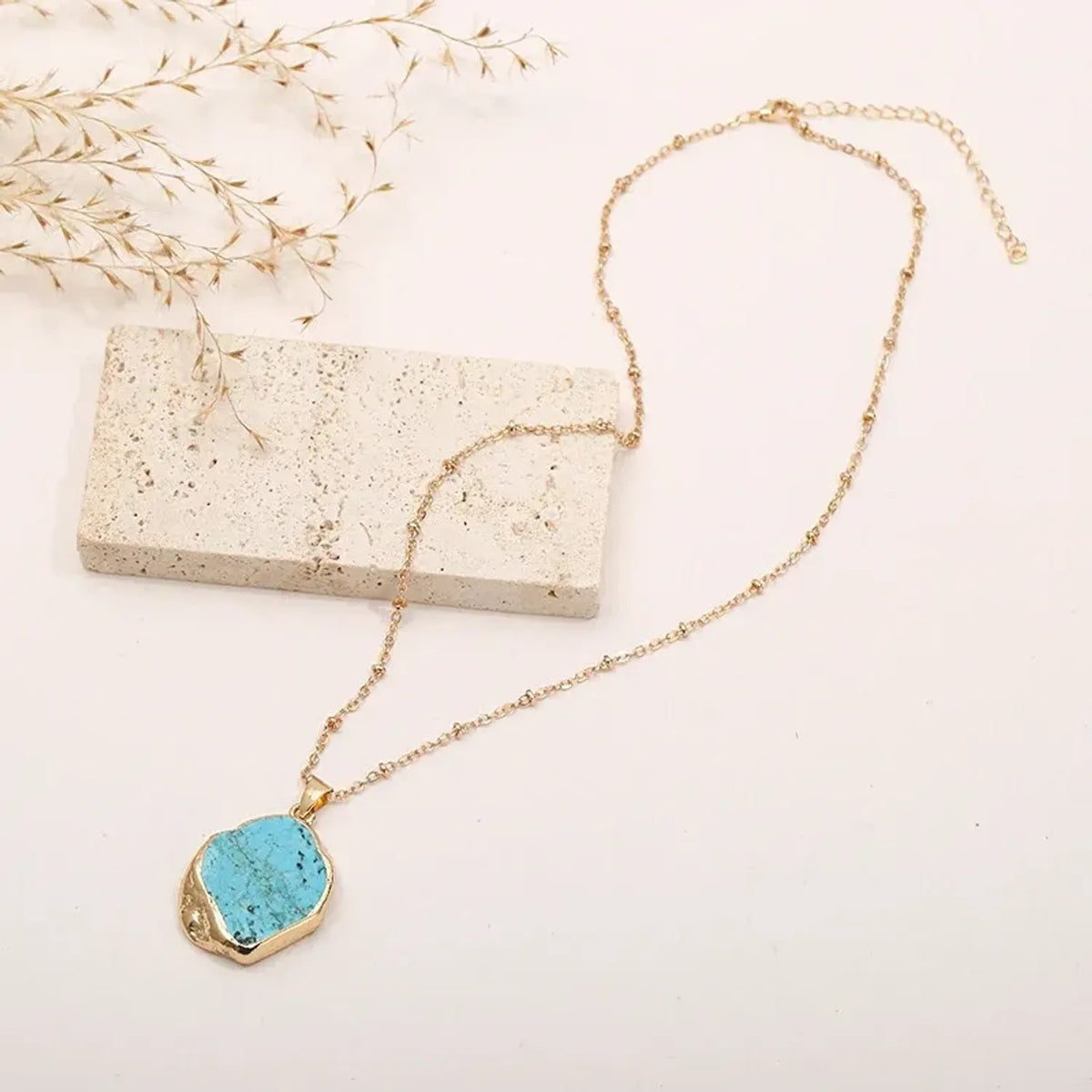 Linda's Look Raw Turquoise Slice Pendant Necklace - Gold Edged Stone on Vintage O-Chain