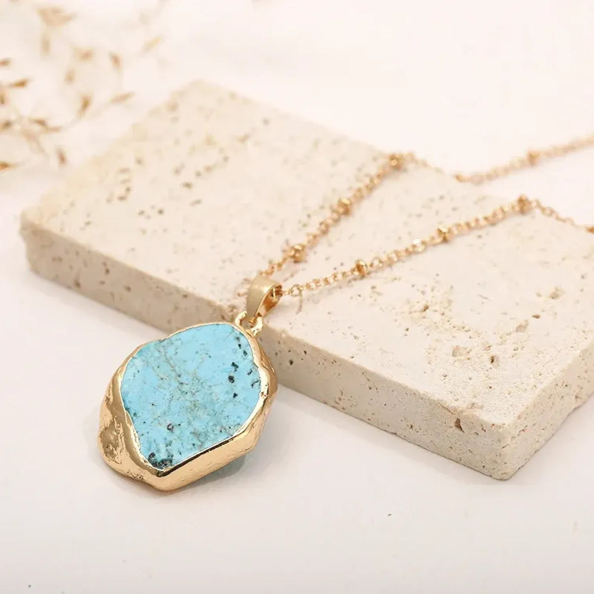 Linda's Look Raw Turquoise Slice Pendant Necklace - Gold Edged Stone on Vintage O-Chain