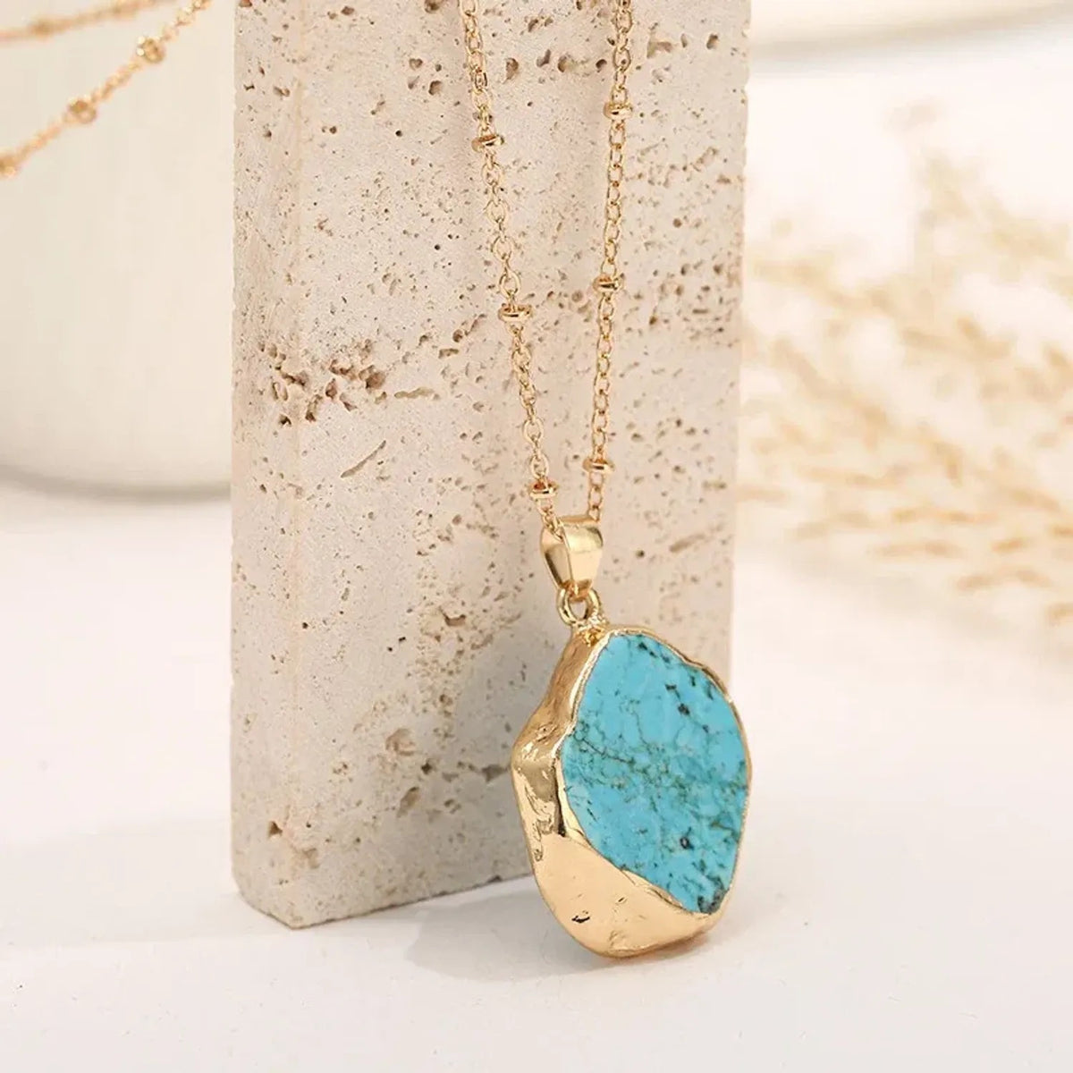 Linda's Look Raw Turquoise Slice Pendant Necklace - Gold Edged Stone on Vintage O-Chain