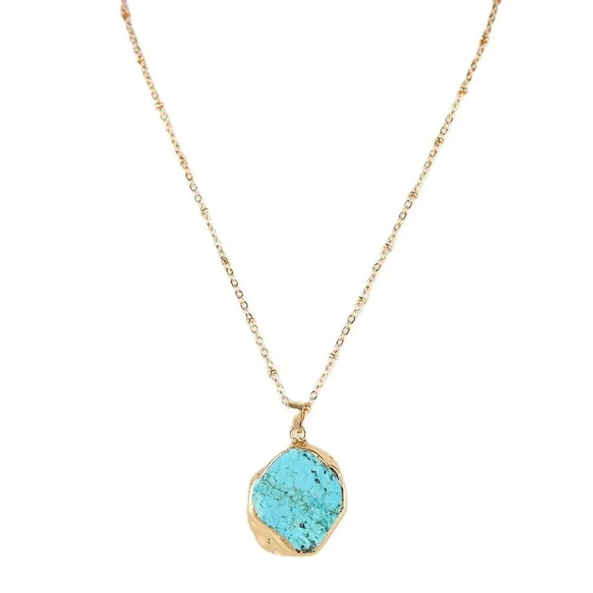 Linda's Look Raw Turquoise Slice Pendant Necklace - Gold Edged Stone on Vintage O-Chain