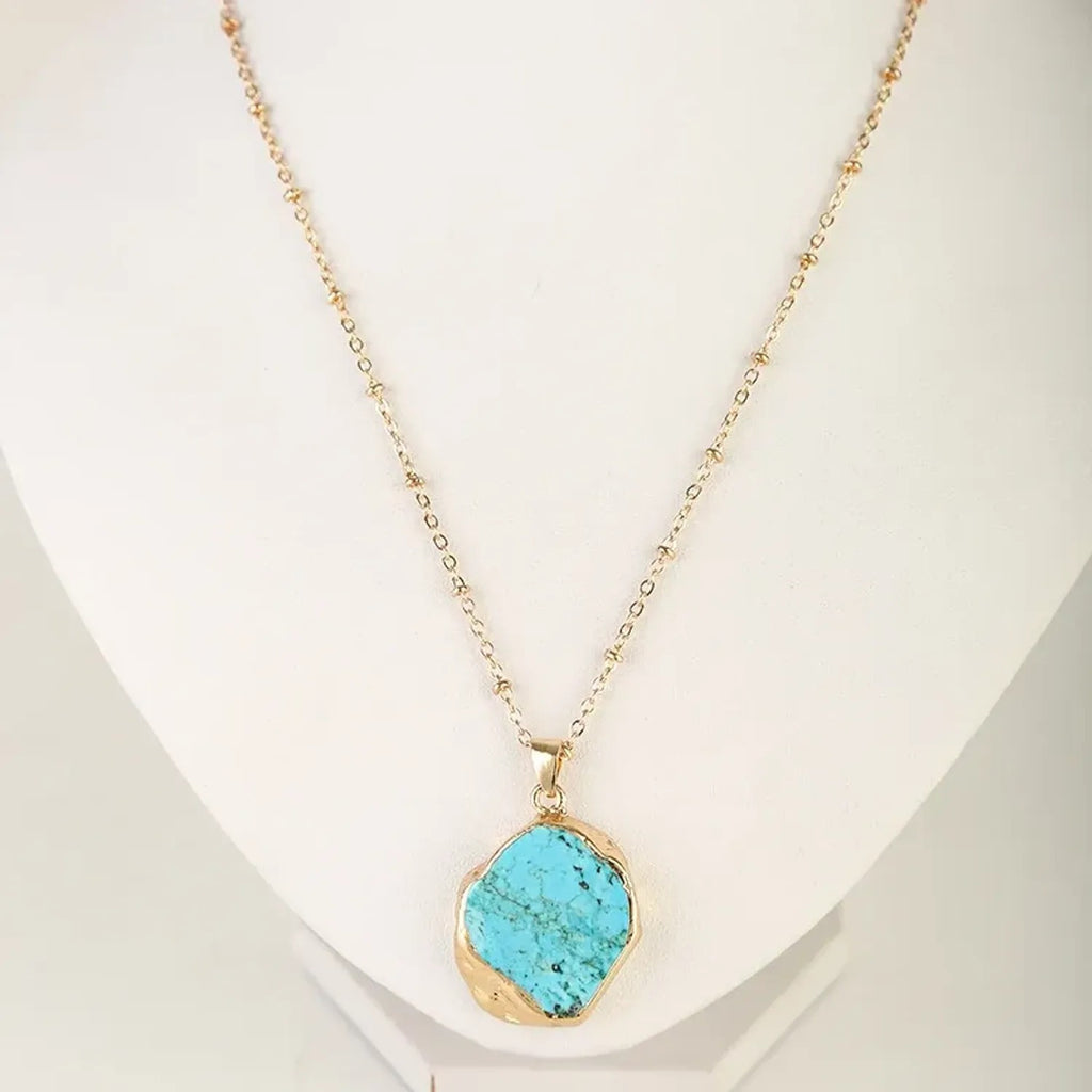 Linda's Look Raw Turquoise Slice Pendant Necklace - Gold Edged Stone on Vintage O-Chain