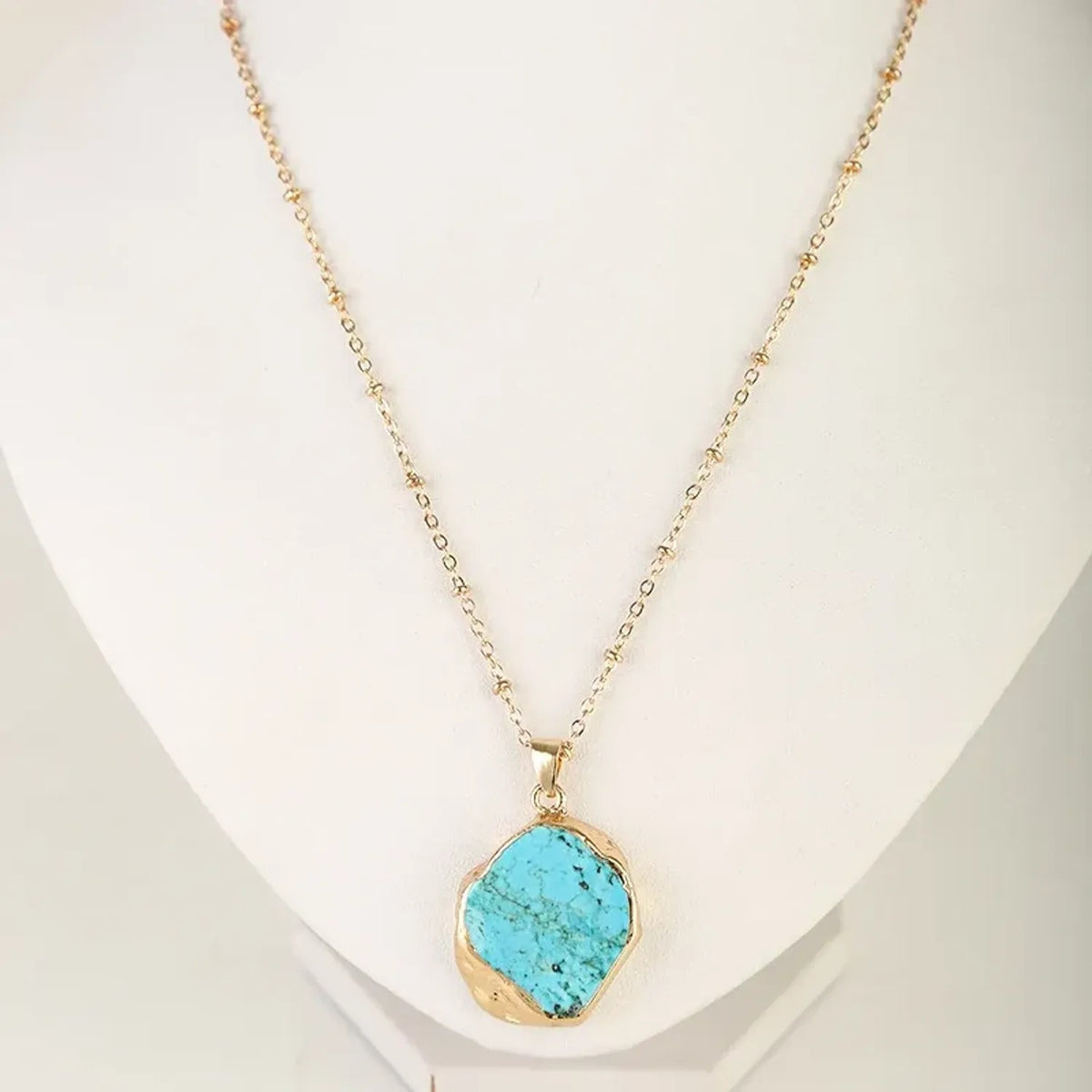 Linda's Look Raw Turquoise Slice Pendant Necklace - Gold Edged Stone on Vintage O-Chain