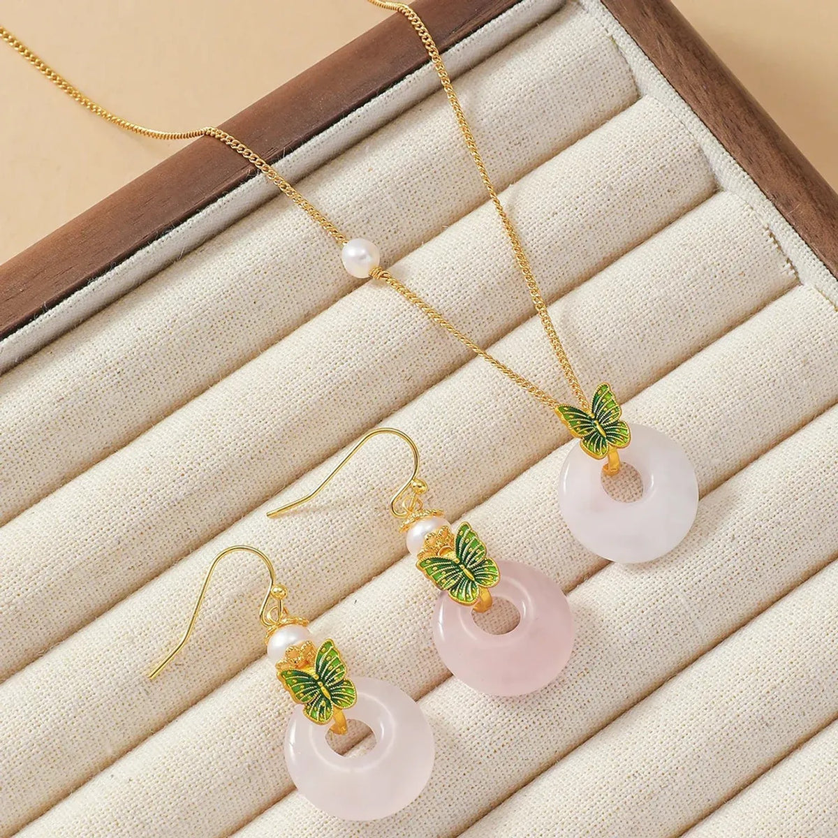 Linda's Look Rose Quartz Butterfly Necklace and Earring Set - Gold Tone Freshwater Pearl