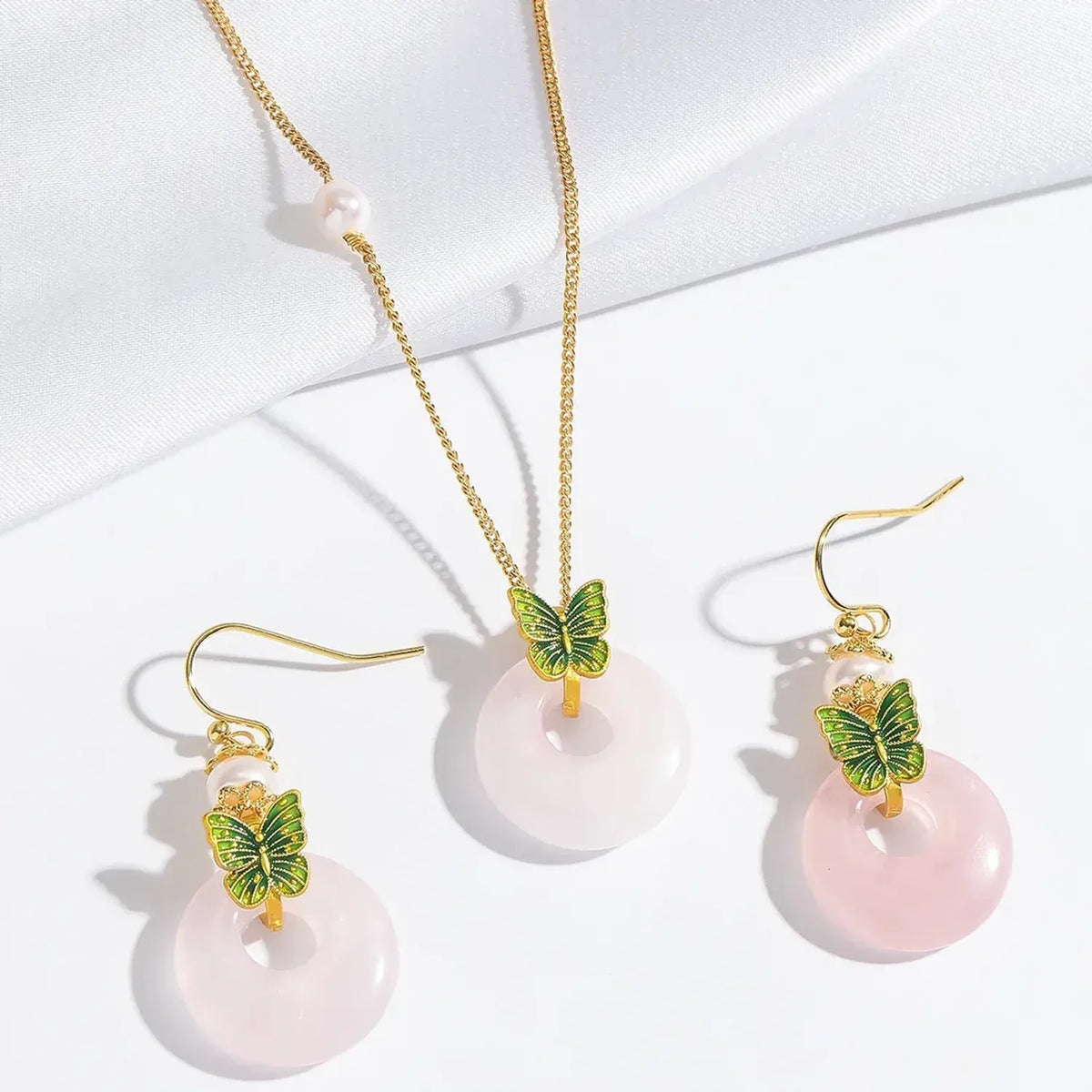 Linda's Look Rose Quartz Butterfly Necklace and Earring Set - Gold Tone Freshwater Pearl