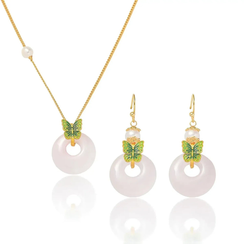 Linda's Look Rose Quartz Butterfly Necklace and Earring Set - Gold Tone Freshwater Pearl
