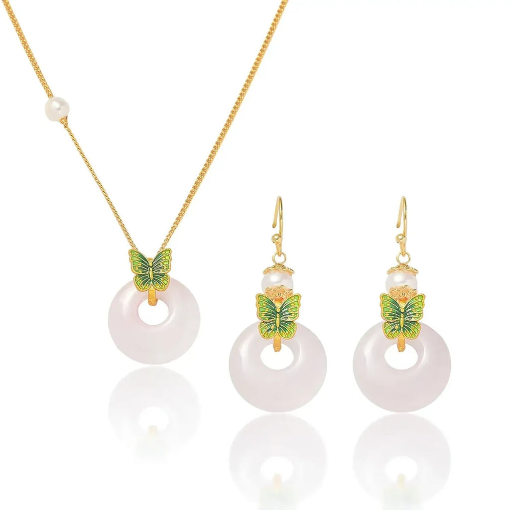 Linda's Look Rose Quartz Butterfly Necklace and Earring Set - Gold Tone Freshwater Pearl