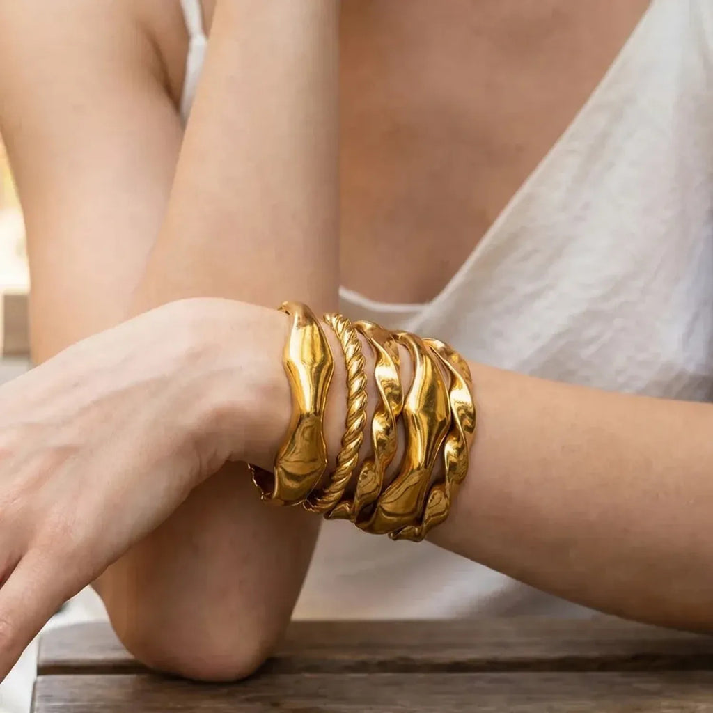Sculpted Gold Bangle - Stainless Steel Hinged Stacking Cuff
