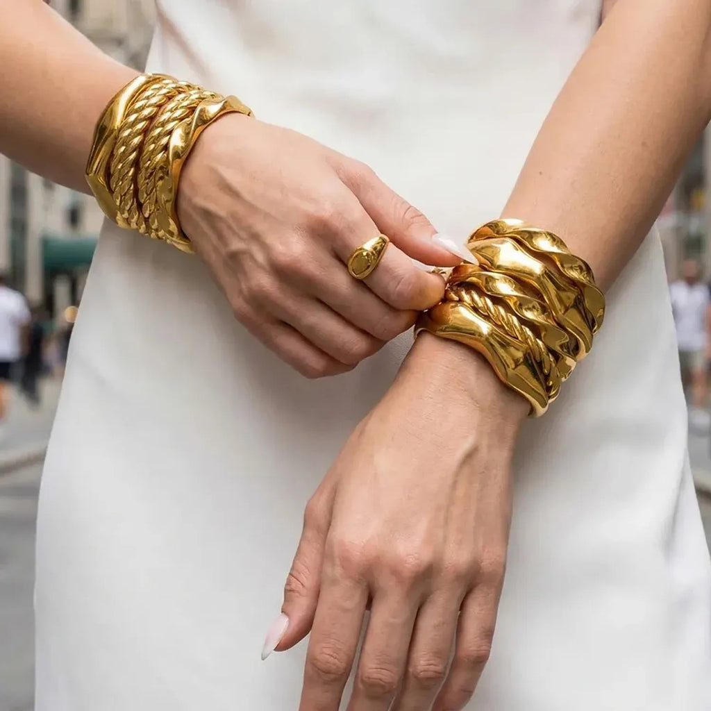 Sculpted Gold Bangle - Stainless Steel Hinged Stacking Cuff