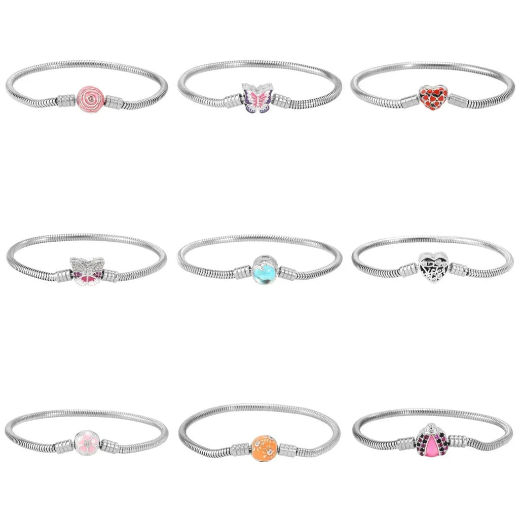 Linda's Look Snake Chain Charm Bracelet - Silver Tone Base with Enamel Heart and Butterfly Clasps