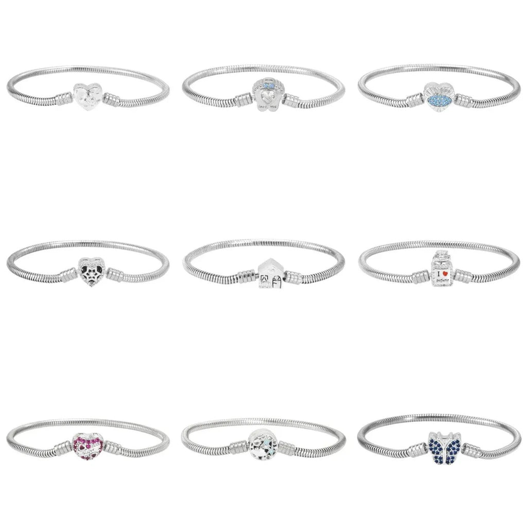 Linda's Look Snake Chain Charm Bracelet - Silver Tone Base with Enamel Heart and Butterfly Clasps