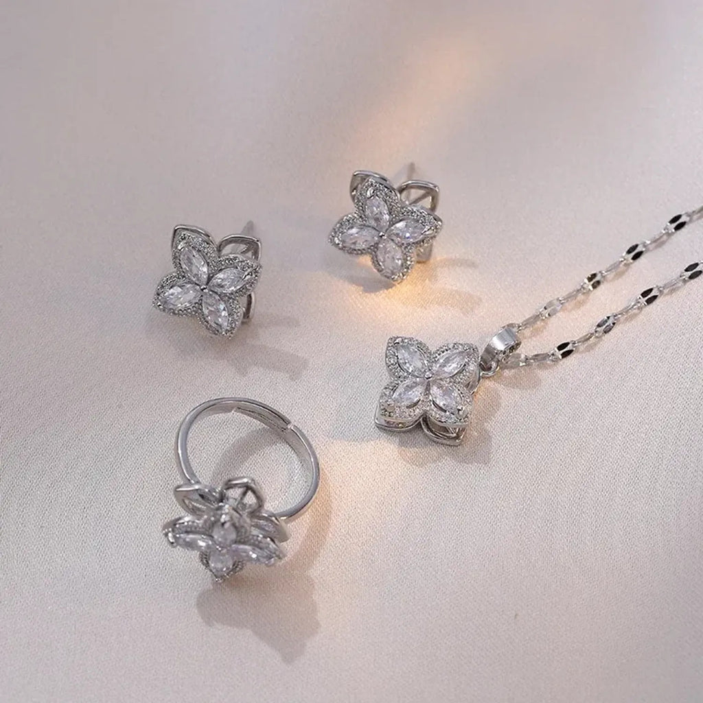 Linda's Look Spinning Clover Jewellery Set - Titanium Steel Necklace, Ring, Earrings and Bracelet