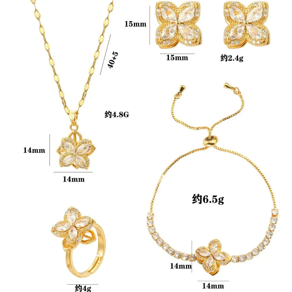 Linda's Look Spinning Clover Jewellery Set - Titanium Steel Necklace, Ring, Earrings and Bracelet