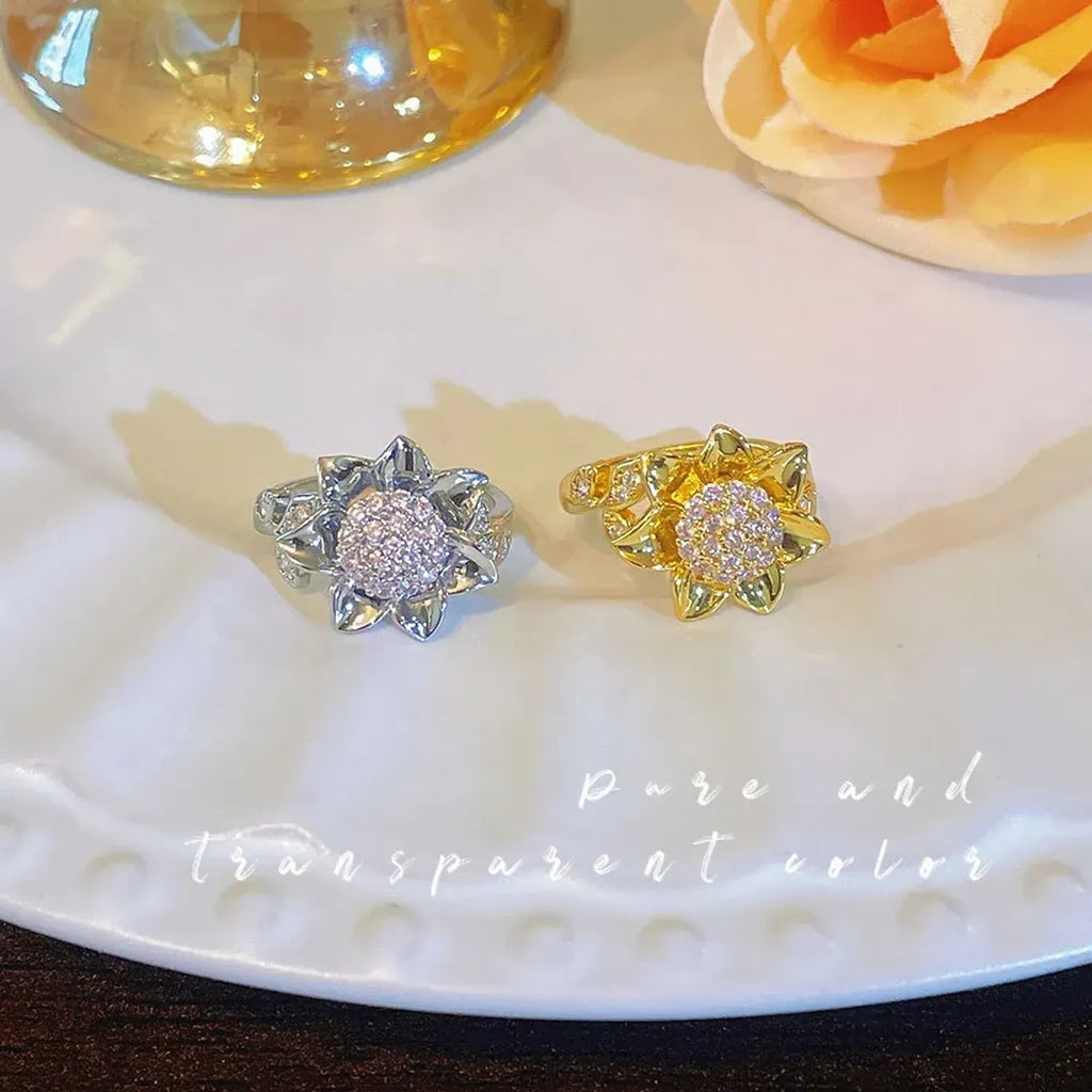 Spinning Sunflower Fidget Ring with Purple Zircon Stone, Gold Jewelry Open Band