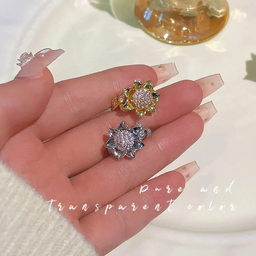 Spinning Sunflower Fidget Ring with Purple Zircon Stone, Gold Jewelry Open Band