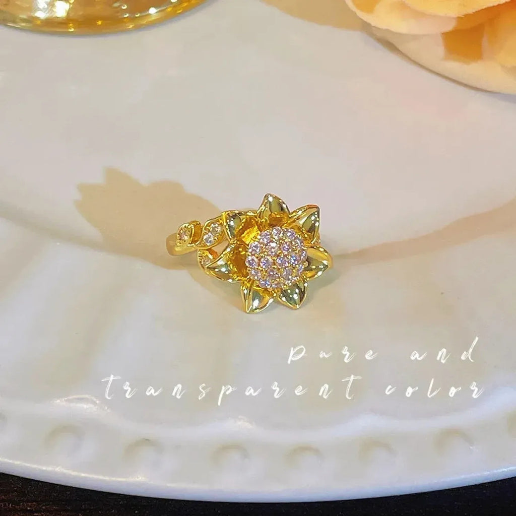 Spinning Sunflower Fidget Ring with Purple Zircon Stone, Gold Jewelry Open Band