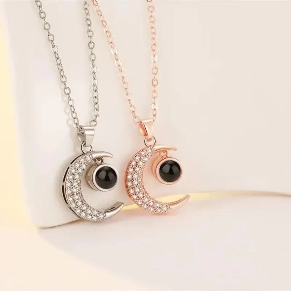 Linda's Look Star and Moon Projection Necklace in 925 Sterling Silver, I Love You in 100 Languages